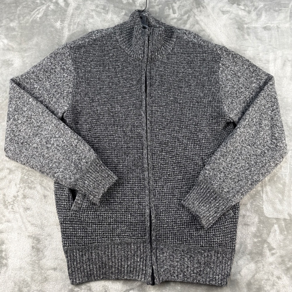 Effect Sweater Mens L Full Zip Gray Waffle Knit Plaid Fleece Lined EUC